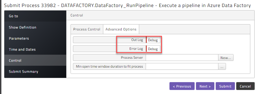 Troubleshooting the process by specifying advanced logging