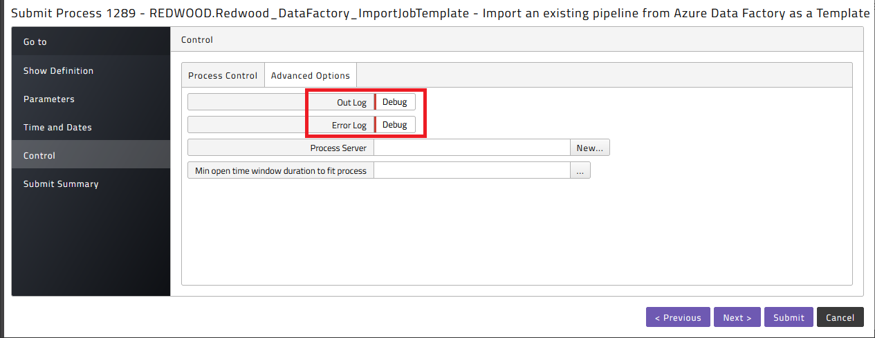 Troubleshooting the process by specifying advanced logging